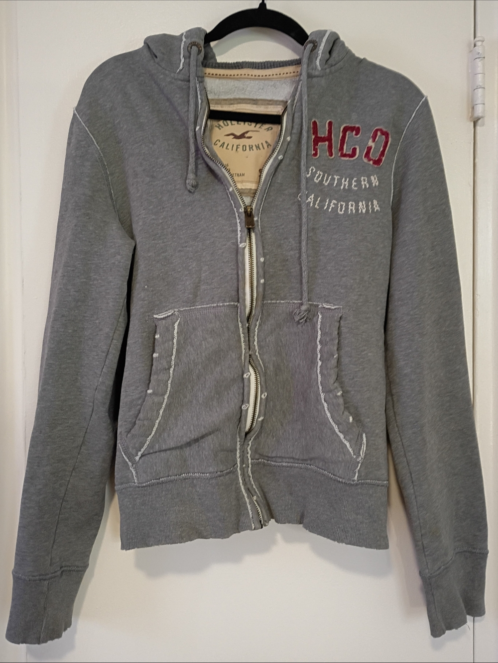 Hollister Gray Zip Hoodie with Red HCO Accent Small